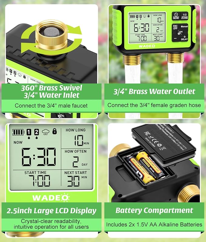 Sprinkler Timer with Brass Inlet Outlet for Garden Hose, Outdoor 2 Zone Water Hose Timer with Rain Delay/Auto/Manual/Child Lock, Rainpoint Drip Irrigation Controller for Lawn Yard Garden Watering