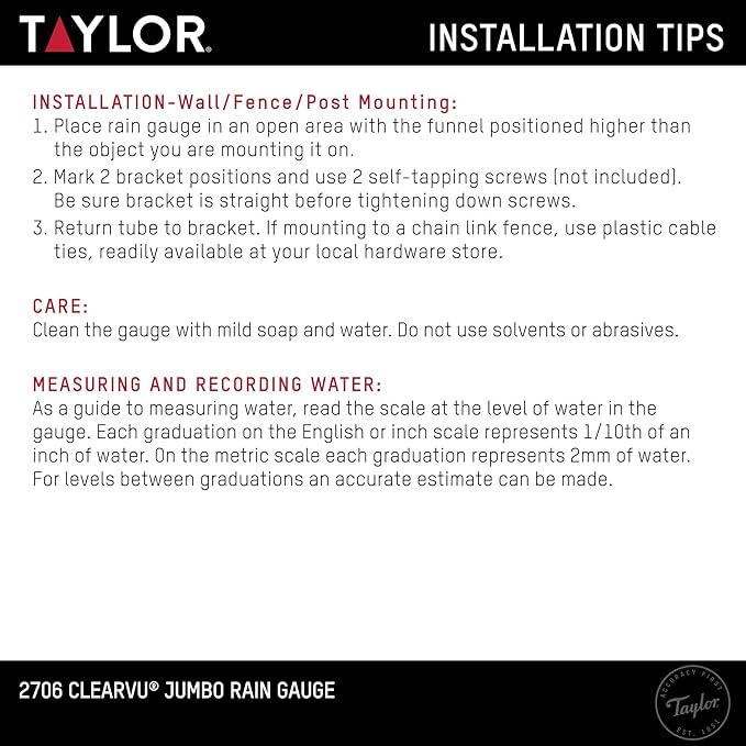 Taylor Capacity Jumbo Rain Gauge, Measure and Monitor Precipitation, Easy to Read for Backyard, Patio, Garden, and Lawn, 5-inch, Yellow