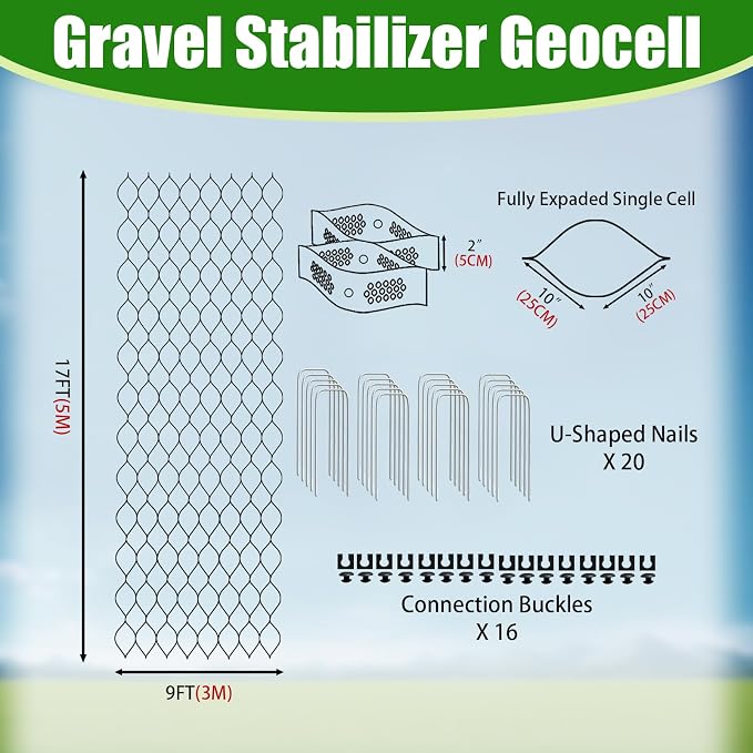 2" Thick Gravel Ground Grid 9ft x 17ft - Geo Grid Driveway Stabilization Grids, Gravel Retainer Grid 1800 LBS Per Sq ft, Geocell Paver System for Walkway Driving RV Parking Slopes and Garden