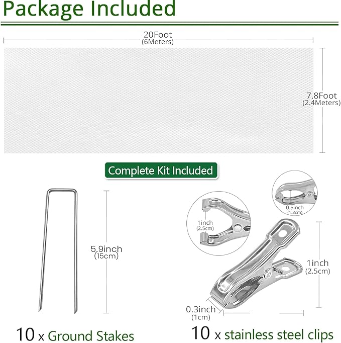7.8Ft x 20ft Frost Protection Plant Cover – 1.2 oz/yd² Garden Freeze Blanket with Clips & Ground Stakes for Outdoor Winter Plant Protection, Reusable Floating Row Cover for Garden Vegetables