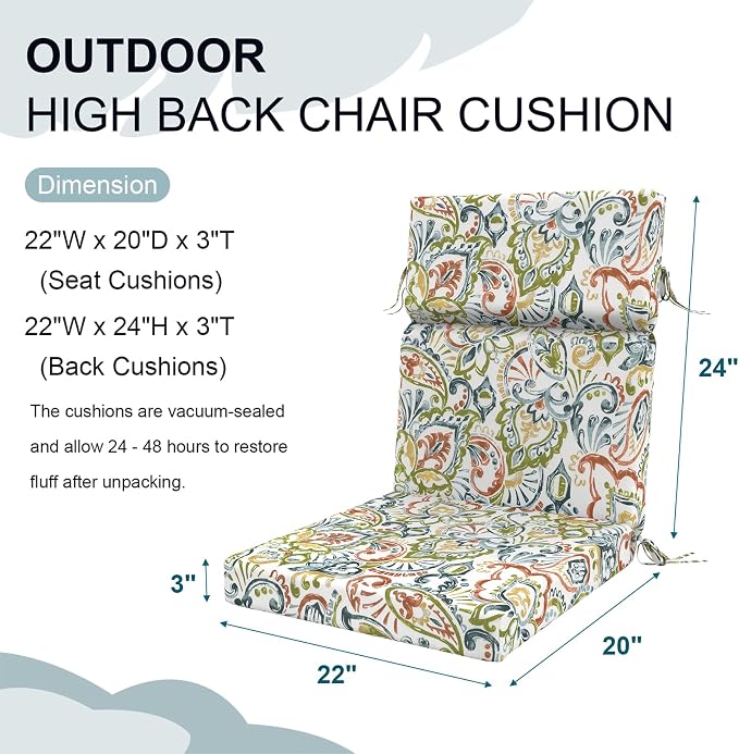 DYTXIII Outdoor High Back Chair Cushions Set of 2, 44"x22" Water Repellent Patio Seat Cushions with Elastic Sponge, All Weather Chair Pads for Rocking, Dining, Patio Furniture - Paisley Botanical