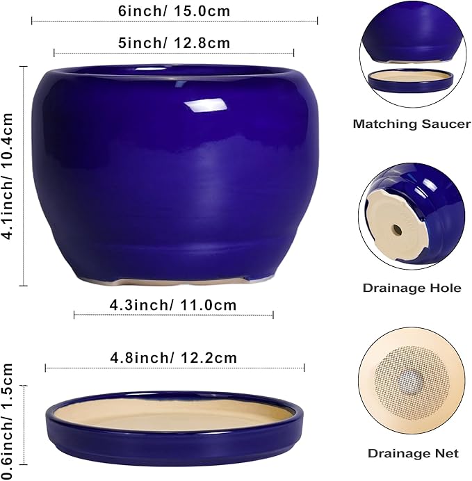 SQOWL Ceramic Planters for Indoor Plants - 6 Inch Plant Pot with Drainage Hole and Saucer, Round Small Planter, Modern Decorative Flower Pot Outdoor, Living Room Decor, Garden Gifts for Women, Blue