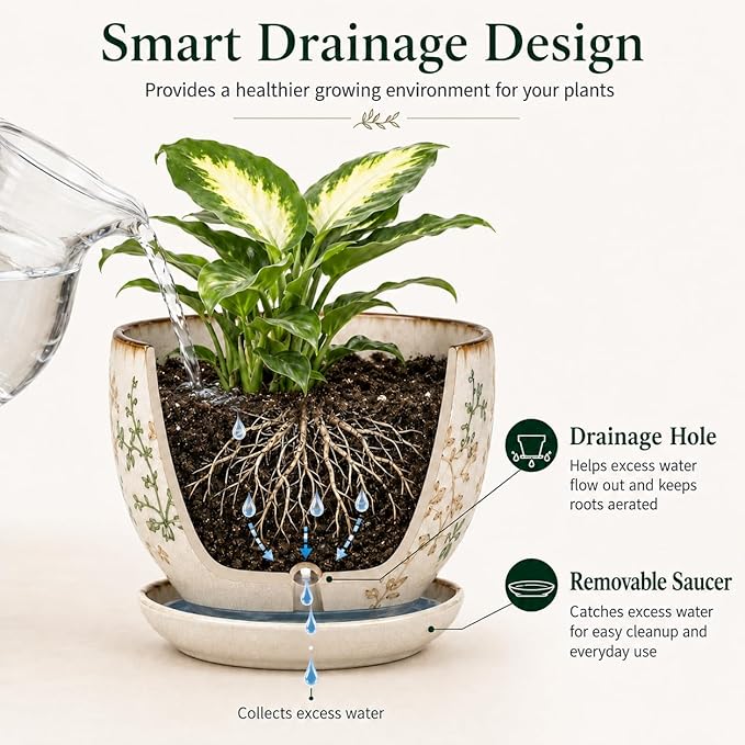 Ceramic Plant Pots, 4.8 Inch Succulent Pots, Planters with Drainage and Attached Saucer Set of 4, Vintage Floral Flower Pots for Home Decor, Plant Lover Gifts