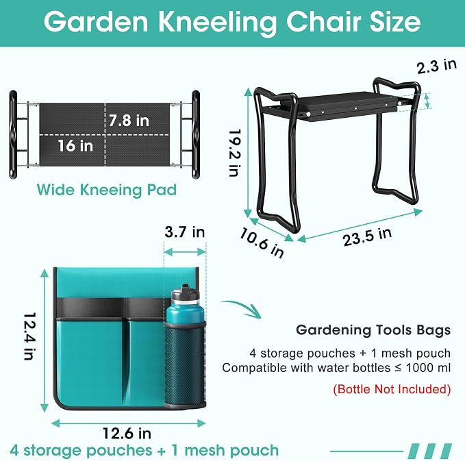 2-in-1 Garden Kneeler with Umbrella, Garden Kneeling Bench & Aqua Umbrella, Portable Garden Stool Loads Capacity 330lb and Garden Tools Bag with bottle holder, Gardening Gifts for Women,Men,Seniors