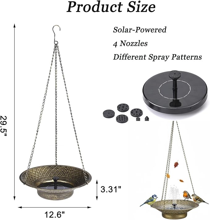 Hanging Solar Bird Bath for Outdoors, Metal Solar Powered Bird Bath Fountain, No Batteries Needed, 12.6" Hanging Bird Baths for Garden Patio Lawn Decor, Gold