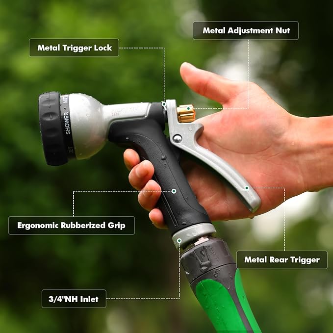 RESTMO Heavy Duty Metal Garden Hose Nozzle, Water Hose Nozzle with 7 Adjustable Spray Patterns, High Pressure Hose Sprayer with with Flow Control, for Plants & Lawns, Washing Cars & Pets, Black