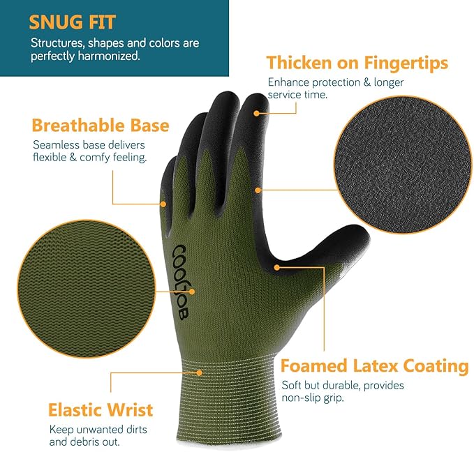 COOLJOB Gardening Gloves for Men, 2 Pairs Breathable Rubber Coated for Garden Weeding Landscaping, Outside Work for Lawn Yard, Men's Xlarge Size, Black & Green