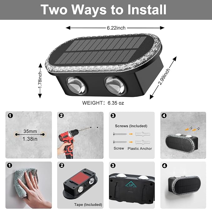 Ellasay Fence Lights Solar Powered: Outdoor LED Wall Lighting Dual Beam and 3 Color Modes IP65 Waterproof 12H Long Lasting Easy Mount for Garden Patio Backyard 2 Pack