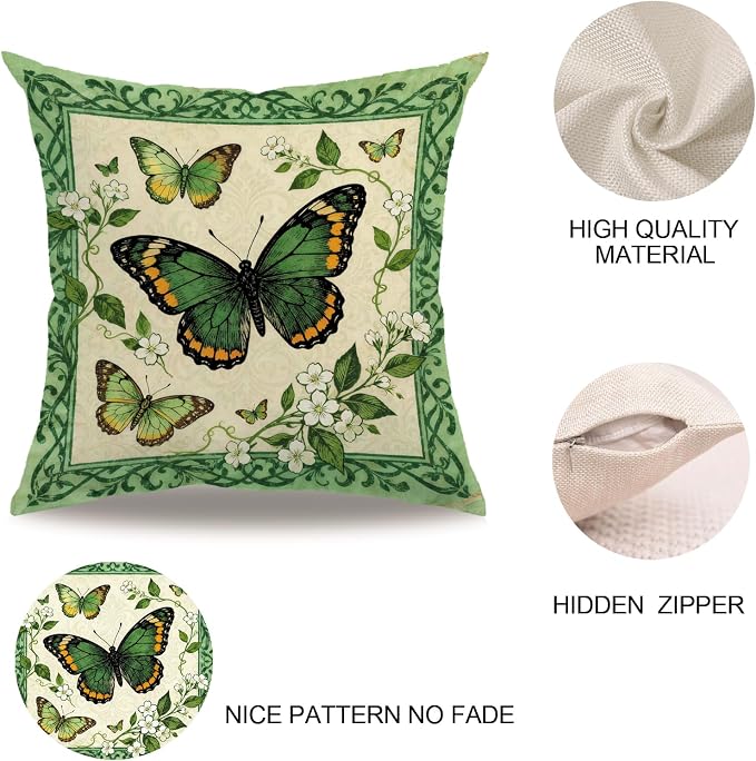 Vintage Butterfly Throw Pillow Cover 18x18 inch,Watercolor Bloom Flowers Garden Cushion Cover Farmhouse Nature Theme Spring Home Decorative Pillowcase ,4Pack for Sofa Couch Porch Patio (Beige)