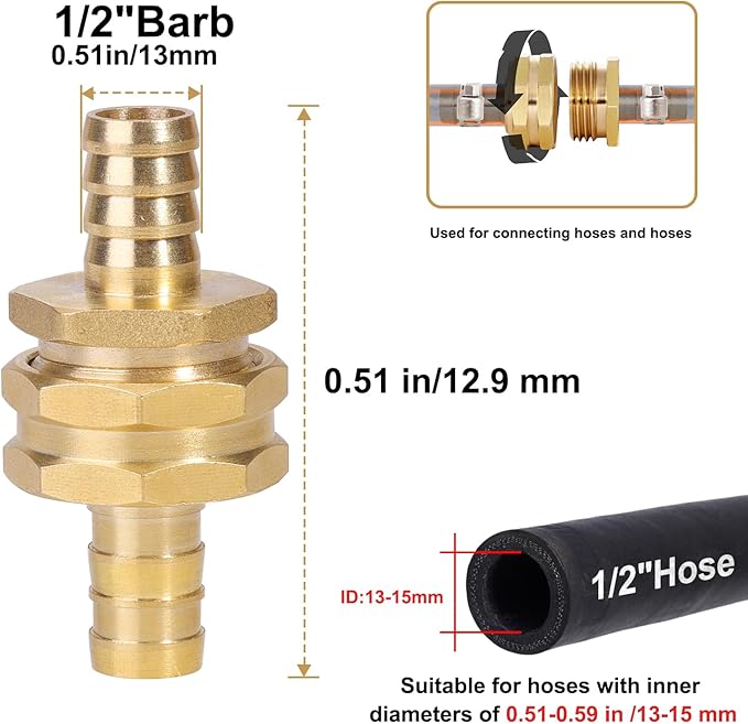SIGURANTA Garden Hose Repair Connector with Clamps Hose End Repair Kit, 1/2"Barb Garden Hose Fittings Male and Female brass garden hose ends (1/2"Barb-4 Set)