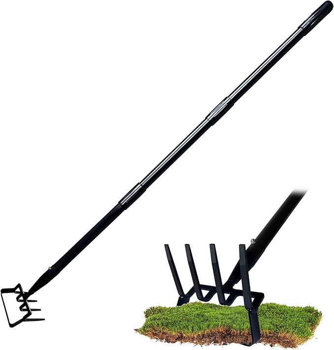 4-Tines Rake and Stirrup Hoe - Adjustable Long Handle Scuffle Loop Hula Action Hoe for Weeding, Digging, Loosening Soil, Stainless Steel Tiller Cultivator for Gardening, Raised Flower Beds Planting.