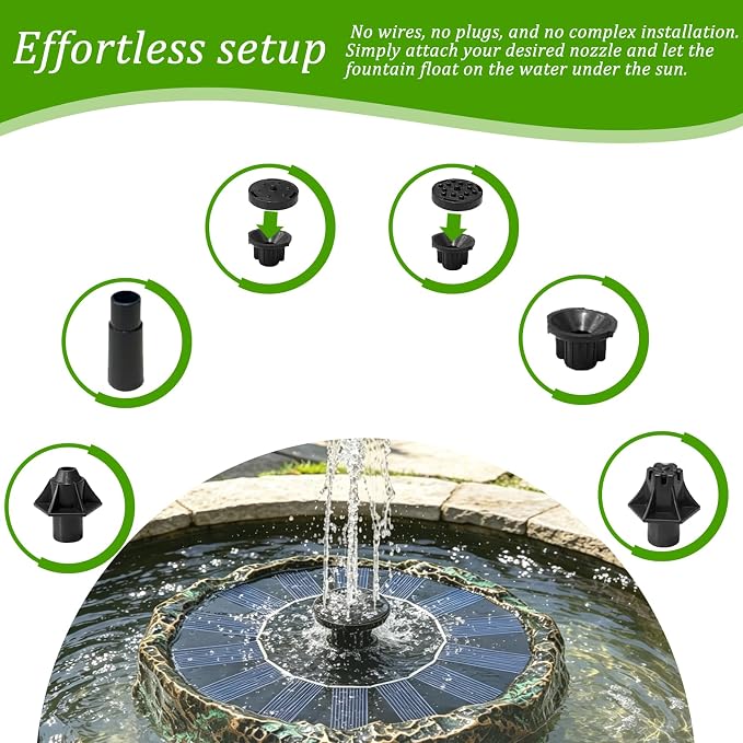 Solar Bird Bath Fountain,Premium Plastic Faux Stone Water Fountain Pump with 6 Nozzles,Eco-Friendly Direct-Drive Floating Water Feature for Birdbath,Garden,Patio,Small Pond Decoration 7.8" Bronze