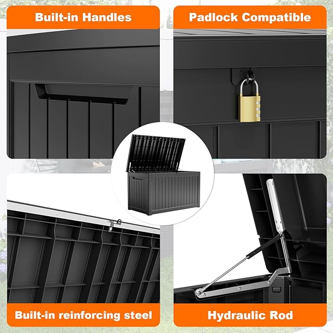 280 Gallon Outdoor Storage Box Waterproof, Resin Lockable Deck Box with Lid, Large Capacity Weatherproof Container for Patio Furniture Pool Accessories, Cushions(Black, 280 Gallon)