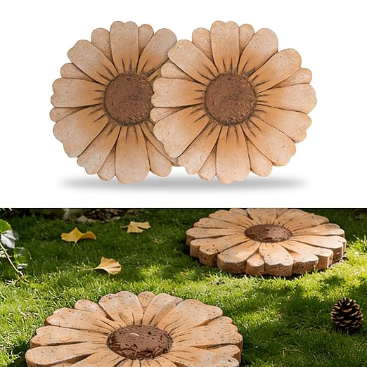 2 Pack Daisy Cement Stepping Stones 10 Inch, Heavy Duty Garden Pathway Stones, Non Slip Outdoor Walkway Decor for Yard Patio Lawn, Weather Resistant Cement Stepping Stones (Orange)
