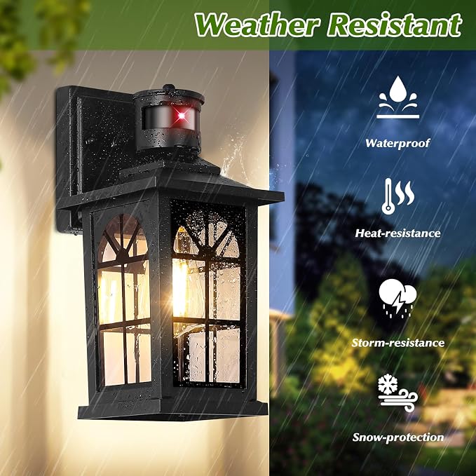 2-Pack Motion Sensor Outdoor Wall Lights, Dusk to Dawn Porch Lights Outdoor Wall Sconces Lanterns, Aluminum Exterior Lighting Fixtures, 3 Lighting Modes Outside Lights for House Front Door Garage