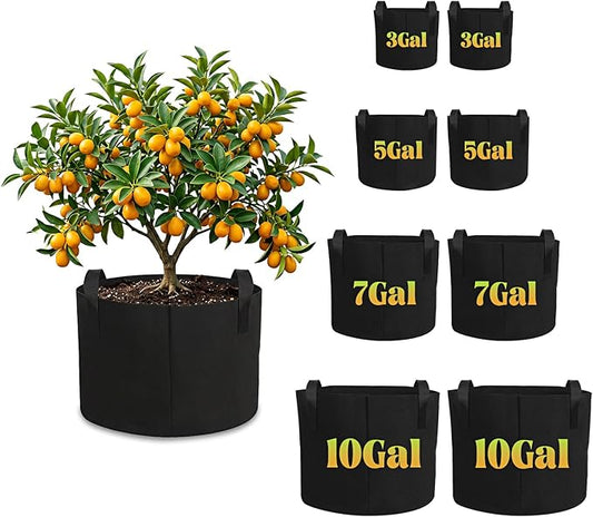 Hoikwo Black Grow Bags 8-Pack, 2 Sets Each of 3 5 7 10 Gallon Fabric Pots with Handles, Duty Cloth Pots for Plants
