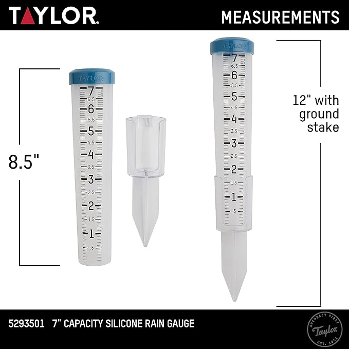 Taylor Capacity Break and Freeze Proof Flexible Silicone Rain Gauge, Measure and Monitor Precipitation, Easy to Read for Backyard, Patio, Garden, and Lawn, Post Mount or Ground Stake, 7-inch, Teal