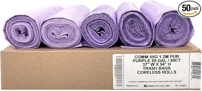 Ultrasac Heavy Duty 55 Gallon Purple Trash Bags - (Value 50 Pack) - 1.5 MIL equivalent Industrial Strength Plastic 37" x 54" for 50-55 Gal Cans -Fits Toter, Rubbermaid Brute, Carlislie Bronco etc.