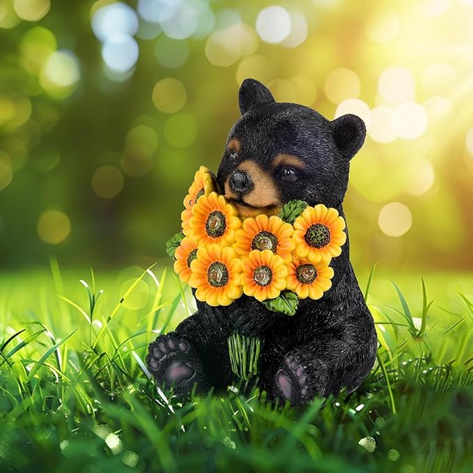 Solar Garden Lights Outdoor Statues Black Bear with Sunflowers, Sculpture Decor Mother Gifts for Women, Men or Daughter, Unique Garden Statues for Housewarming Gifts