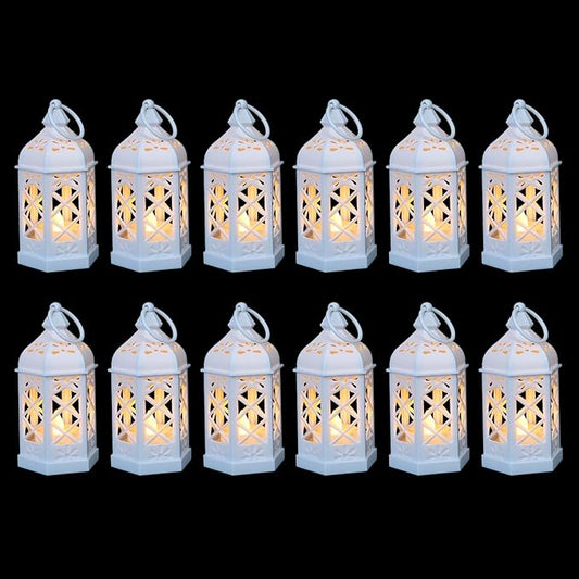 12-Pack Mini Moroccan Lanterns with LED Candle for Ramadan, Wedding, Festivals, Small Decorative Lanterns Shatterproof for Baby Shower & Table Centerpiece, Ornament, Party Decor, White
