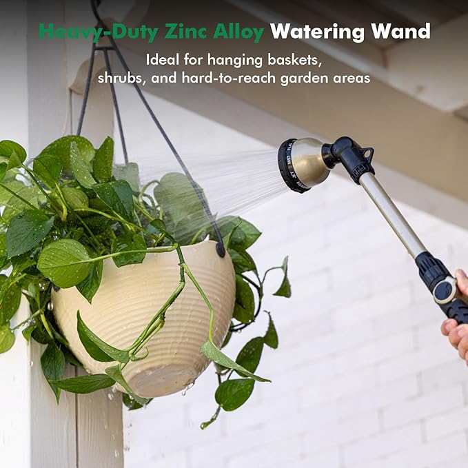 RESTMO Heavy Duty Watering Wand, Metal Garden Hose Wand with 180° Swivel Ratcheting Head, 18-Inch Hose Nozzle Sprayer with 10 Spray Patterns & Thumb Flow Control, Ideal for Hanging Baskets and Shrubs
