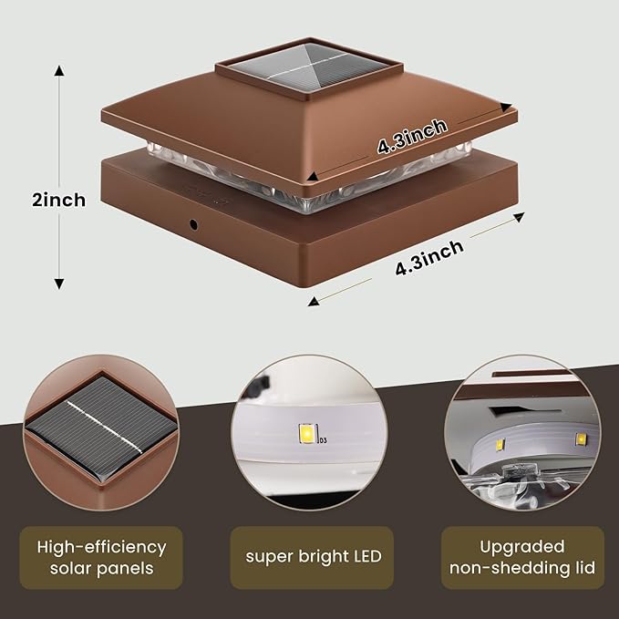 Solar Post Cap Lights Outdoor 16pack, Brown Waterproof Solar Powered Deck Fence Post Lights Fit 4x4 Wood/Vinyl Posts, Bright Warm White Solar Post Lights Decorate Deck, Patio, Porch, Fence (16pack)