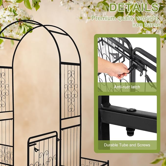 Outvita 7FT Garden Arch Arbor with Entry Door and Plant Frame, Heavy Duty Metal Arbour Archway, Decorative Frame Stand Trellis with Ground Stakes for Wedding Ceremony Party Plant Patio Black