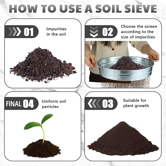 Funnymoom Soil Sifter for Gardening with 1, 3, 6, 9, 12 mm Sieve Mesh Compost Dirt Sifter with Handle Large Garden Sand Soil Rock Sieve 17.7" l x 13.8" W for Sand Rocks Pellet Gravel(Silver)