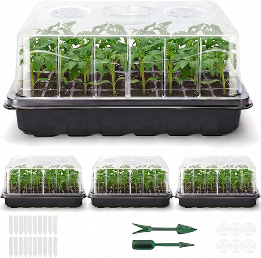 Delxo 144 Cells Seed Starter Kit 3 Pack Large Seedling Starter Tray Total with Humidity Domes - Adjustable Vents & Deep Base Germination Kit for Indoor Gardening - Includes 10 Tags & Tools