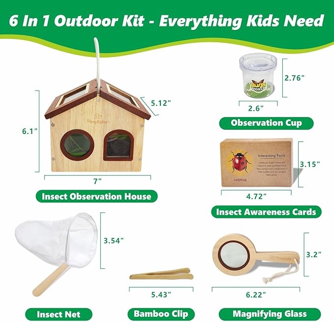 SimpliPlay Kids Bug Catching Kit, 6-in-1 Nature Discovery Kit with Breathable Wooden Critter Habitat House, 15 Insert Cards, Magnifying Glass, Butterfly Net, Summer Outside Toys, Gift for Boys & Girls