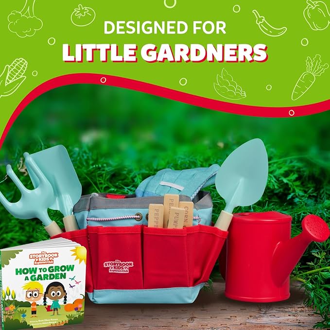 Kids Gardening Set – Toddler Gardening Kit Includes Watering Can for Kids, Shovel, Rake, Plant Stakes, Kids Gardening Gloves, Tote Bag & STEM Learning Gardening Guide Book - Garden Tool Set RED