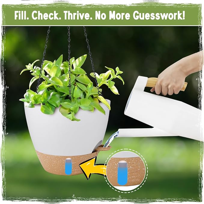 Self-Watering Hanging Planters with Water Level Window, 8/10 Inch Indoor Outdoor Hanging Plant Pots Includes Chain Hangers with Drainage Holes & Detachable Reservoir (White, 8+10 inch)