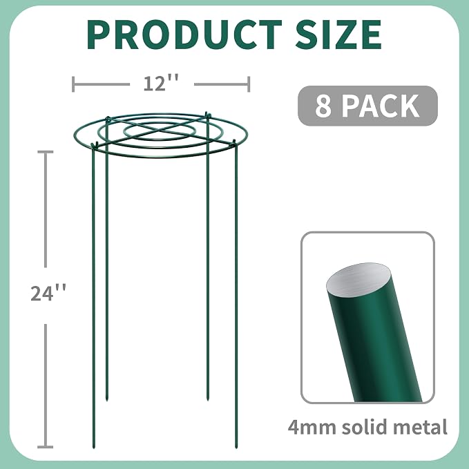 8 Sets Peony Support Cage,12"Diax24"High Heavy Duty Metal Plant Support,Grow Through Hoops Grids with 4 Thickened 4mm Legs,Strong Support Brace for Heavy Blossoms,Flower Support Ring for Peonies,Rose