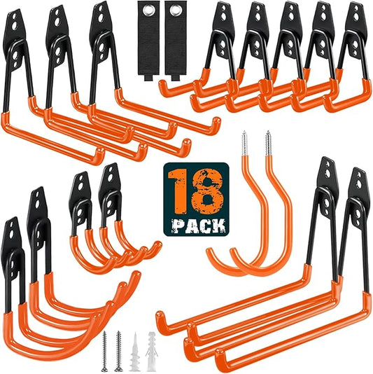 HUPBIPY 18 Pack Garage Hooks Heavy Duty Utility Steel with Anti-Slip Coating Wall Mount Storage Organizer for Hanging Power and Garden Tools, Ladders, Hose, Bikes, Ropes, Bulk Items, and More