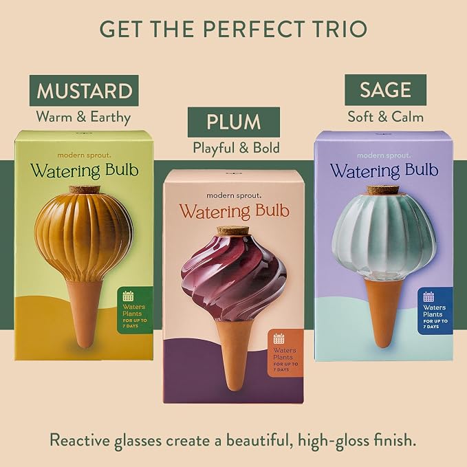 Modern Sprout Terracotta Self-Watering Bulbs for Indoor Plants,10oz Watering Globes 3 Pack, Glazed Finish with Cork Top - Plum, Sage & Mustard, Decorative Plant Accessories, Father's Day Gift for Dad