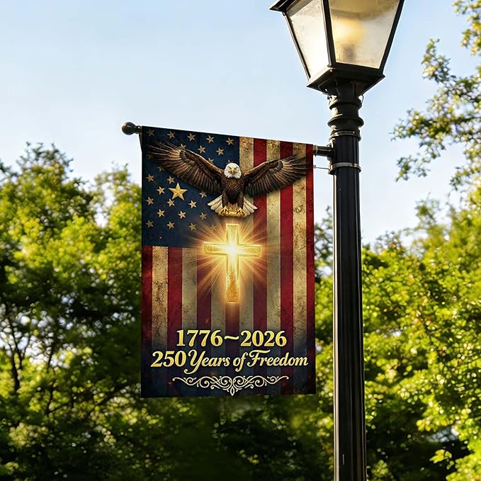 250 Anniversary USA Garden Flag, Double Sided Waterproof Patriotic Eagle Cross Flag 1776-2026, Christian Outdoor Yard Decor (12x18'')
