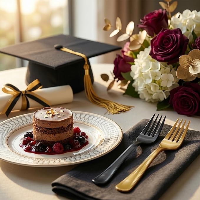 50 Pcs Black and Gold Plastic Forks Disposable Silverware Heavy Duty Black and Gold Plastic Cutlery Set for Graduation Party, Birthday, Retirement