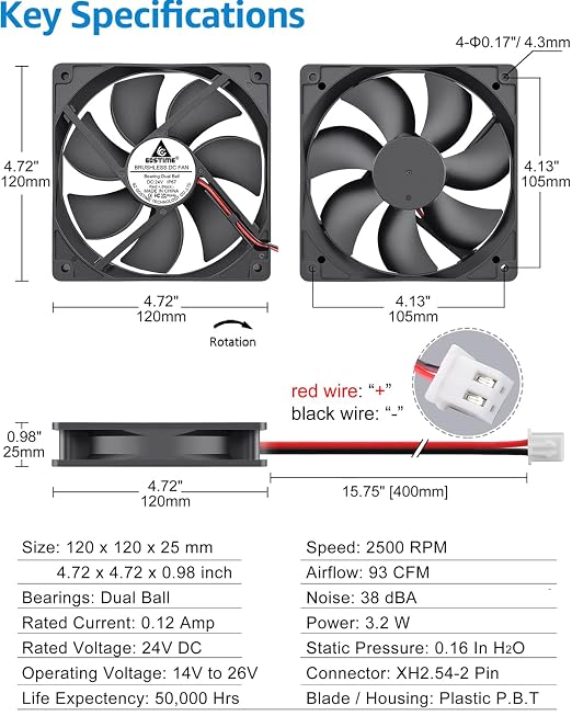 GDSTIME 120mm x 25mm Waterproof Fan, 24V DC IP67 Rating High Speed Dual Ball Bearing Brushless Computer Case Cooling Fans 2-Pin for RV Fridge, DIY Ventilation Exhaust Projects, 2-Pack