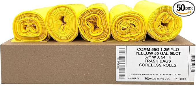 Ultrasac Heavy Duty 55 Gallon Yellow Trash Bags - (Value 50 Pack) - 1.5 MIL equivalent Industrial Strength Plastic 37" x 54" for 50-55 Gal Cans -Fits Toter, Rubbermaid Brute, Carlislie Bronco etc.