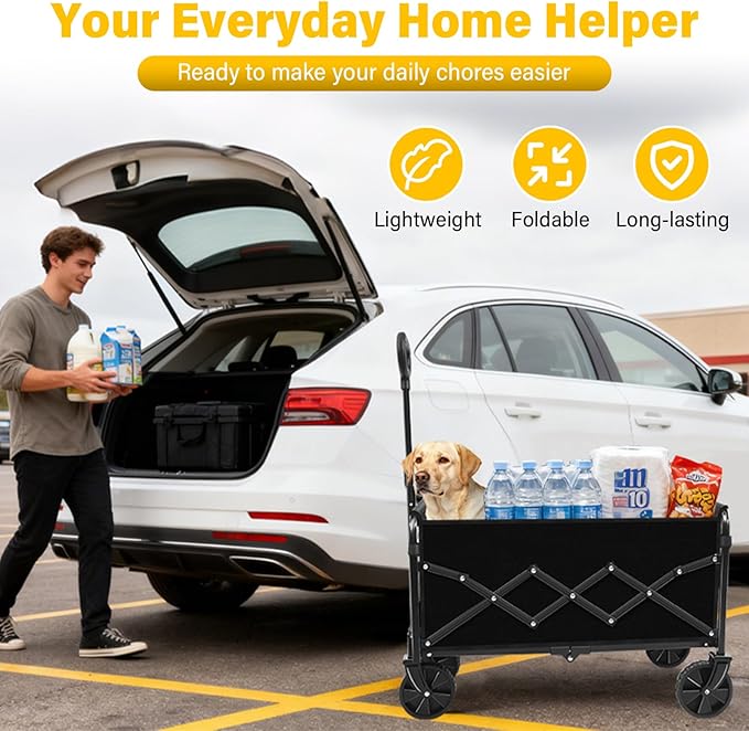 Wagons Carts Foldable, Collapsible Wagon Cart with Wheels, Portable Folding Utility Wagon with Adjustable Handle & Cup Holders for Grocery Shopping, Garden, Camping, Sports, Picnic & Small Hauls