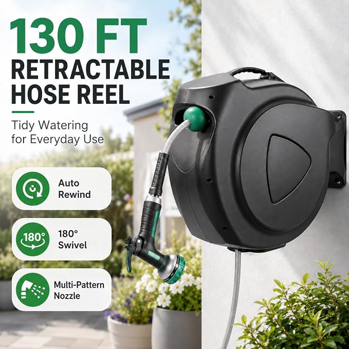 Retractable Garden Hose Reel, 130FT Wall Mounted Auto Rewind Water Hose Reel with 180° Swivel Bracket, Any Length Lock, Kink-Free Hose Guide, Multi-Pattern Spray Nozzle for Yard, Lawn & Outdoor