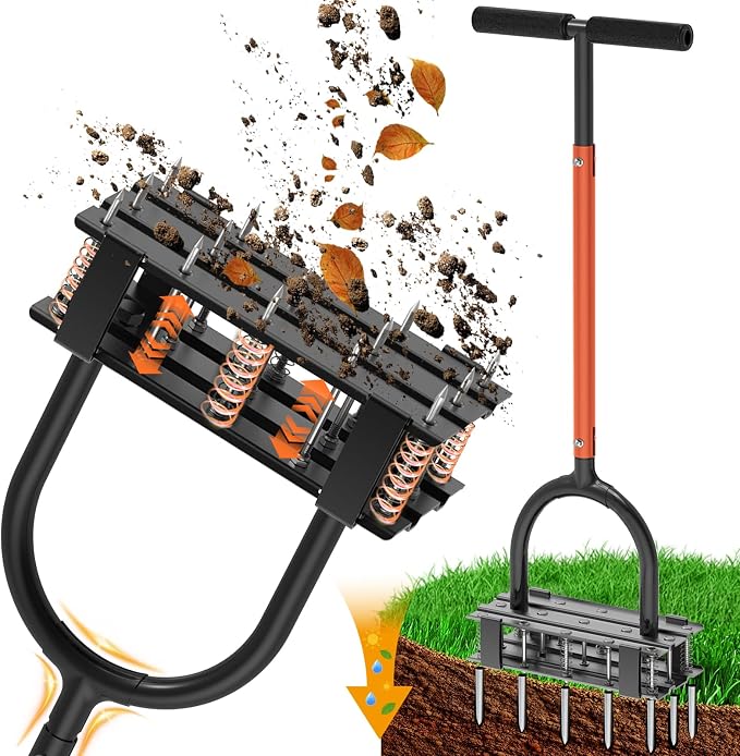 Aerator Lawn Tool - 2-in-1 Reinforced Heavy Duty Manual Lawn Aerator with 15 Spikes, Automatic Dirt and Leaf Clean Design, Adjustable T-Handle (Orange)
