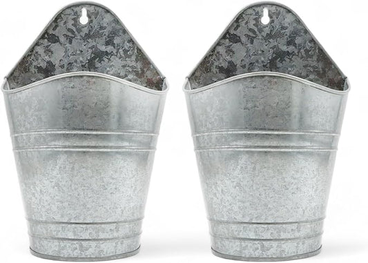 Hosley Set of 2 Galvanized Wall Planters, 10 Inch Hanging Metal Buckets for Indoor Outdoor Garden, Farmhouse Wall Decor, Rustic Patio & Balcony Planter Pots