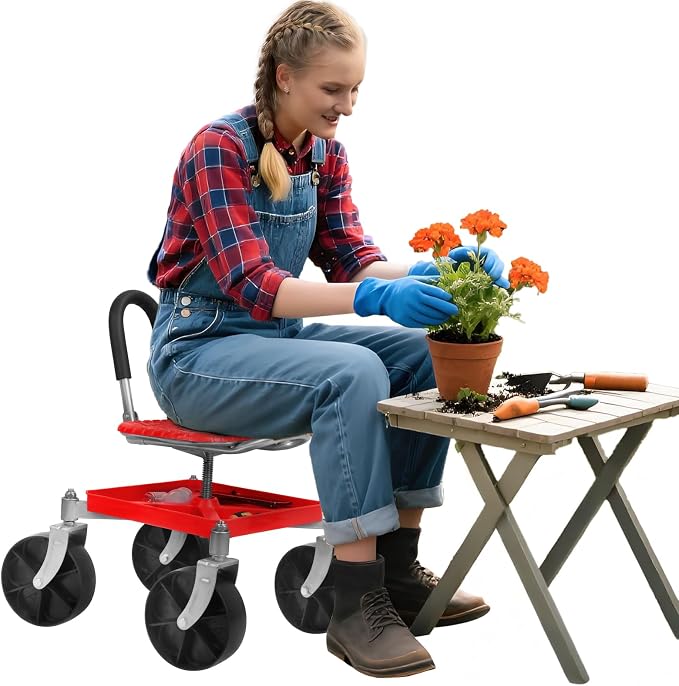 Cuteam Gardening Rolling Seat, Height Adjustable Rolling Garden Cart, 360 Degree Swivel Gardening Stool with Tool Tray, Rolling Work Seat for Gardeners Elderly Seniors (Red)