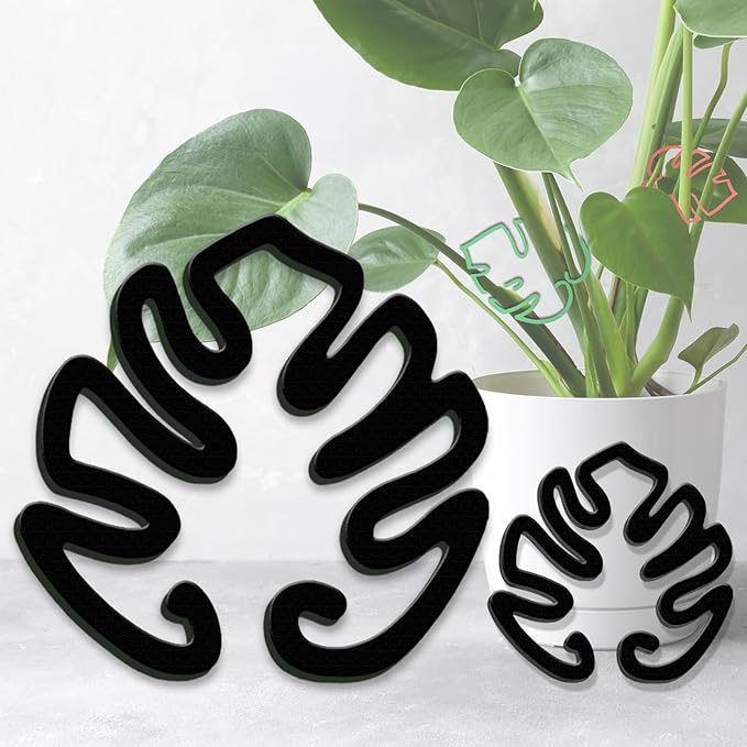 2PACKS Unique & Aesthetic Monstera Leaf Shape Grapple Plant Support, Grappler Rings, Plant Support Monstera with Ties, Keeps Plants Tame & Growing Vertical (Black)