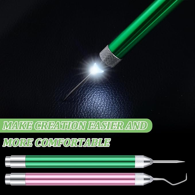 Therwen 2 Pcs LED Weeding Tools for Vinyl with Light Pin Hook Lighted Weeding Pen for Removing Iron on Tiny Vinyl Paper Silhouette Cutting Machines Supply(Pink, Green)