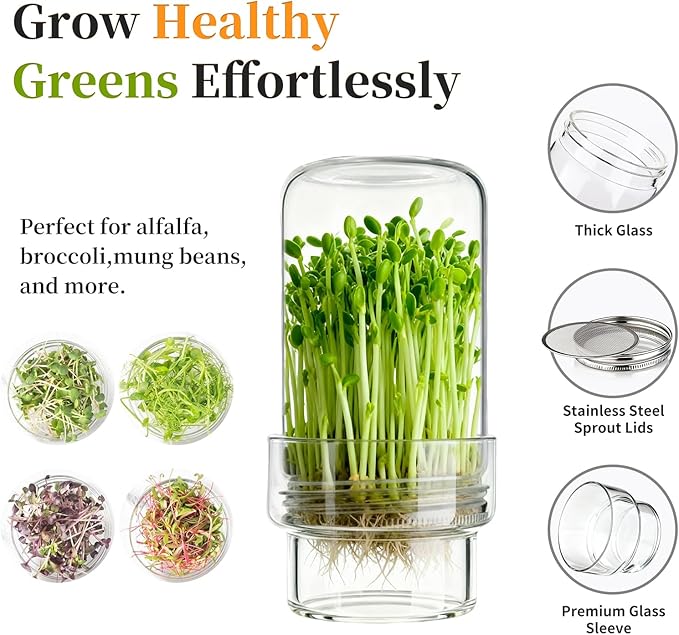 Sprouting Jar Kit, 2 Pack Wide Mouth Quart Mason Jars | Broccoli, Microgreens, Alfalfa Sprout Jar | Perfect for Home Gardeners, Health Enthusiasts & Vegan Diets
