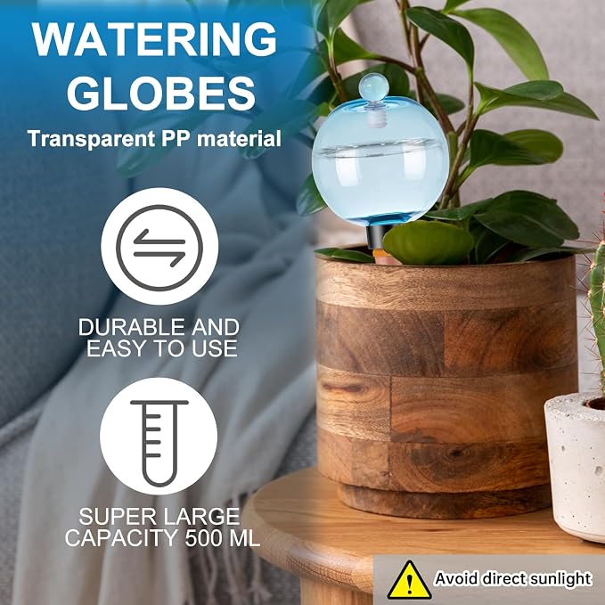 6 Pack Self Watering Globes 17oz Large Plant Watering Globes Top Fill, Self Water Planter Insert Indoor/Outdoor Plastic Water Bulbs Slow Release Terracotta for Plants, Blue