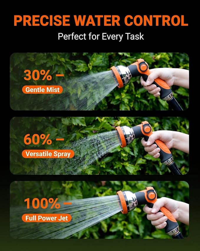 Garden Hose Nozzle Heavy Duty, Metal Water Hose Sprayer with 10 Adjustable Spray Patterns, Thumb Control On Off Valve, High Pressure Hose Nozzle for Watering, Car Washing & Pet Shower - Orange
