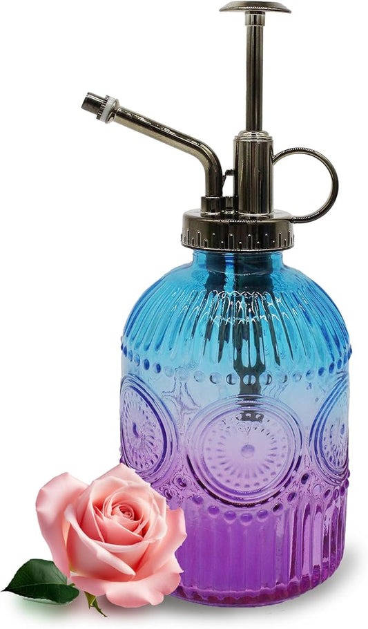 Glass Plant Mister Spray Bottle, 350ML Vintage Plant Spritzer with Top Pump Watering Can for Indoor Outdoor House Plants,Flowers (Blue Purple)